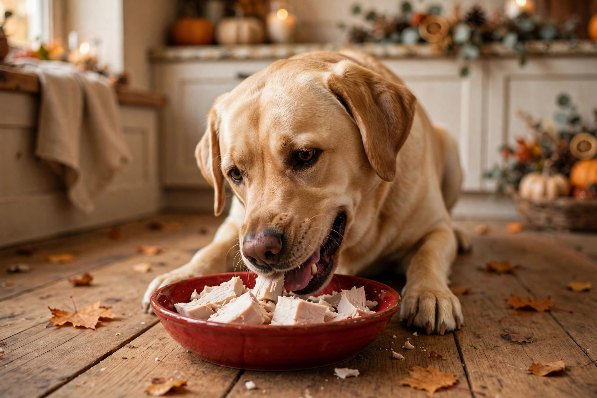Labrador happily eating plain cooked turkey from a bowl as a safe Thanksgiving treat for dogs