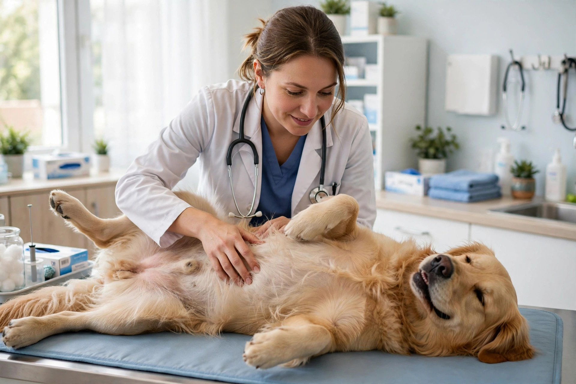 Veterinarian examining a golden retriever that ate dangerous Thanksgiving food