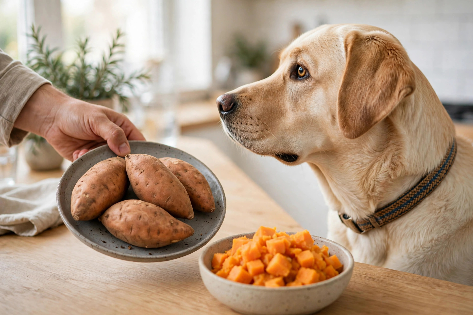 Dog looking away from raw sweet potatoes with skins that dogs must never eat