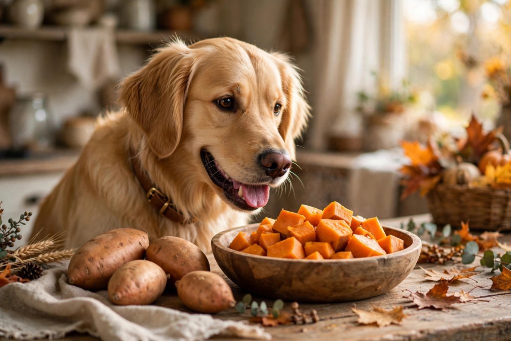 Golden retriever sniffing a bowl of cooked sweet potato chunks that are safe for dogs.
