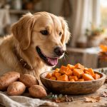 Golden retriever sniffing a bowl of cooked sweet potato chunks that are safe for dogs.