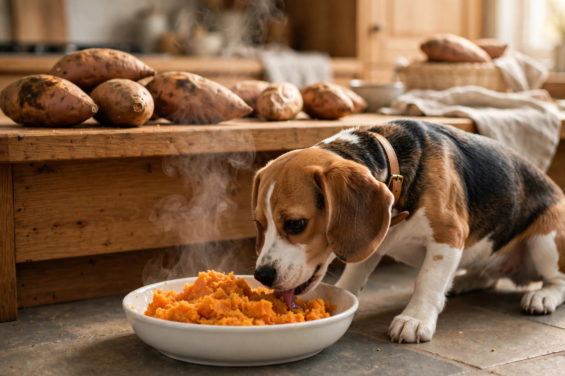 Beagle dog eating mashed plain cooked sweet potato from a bowl