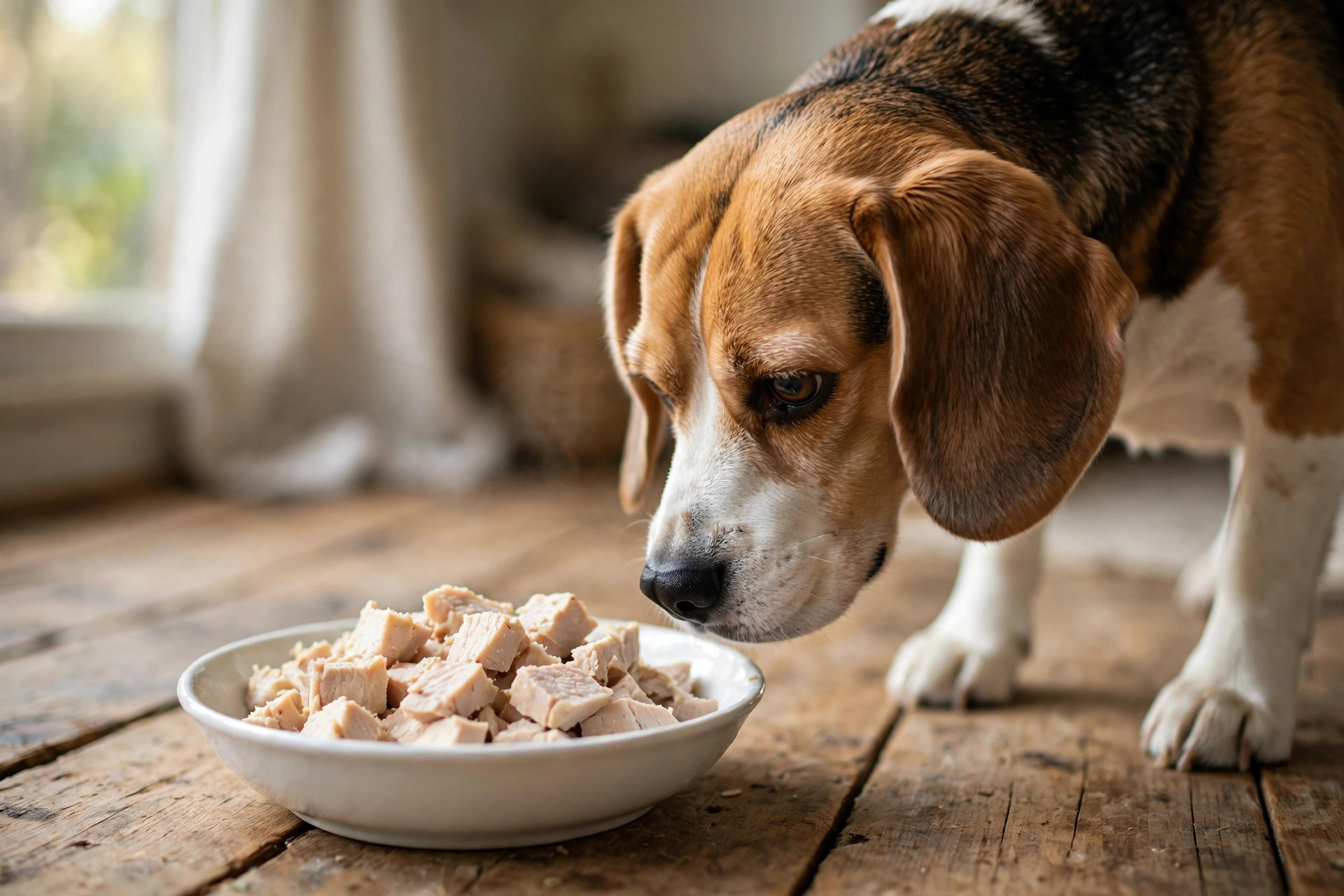 Beagle dog sniffing a bowl of plain cooked turkey breast pieces that are safe for dogs