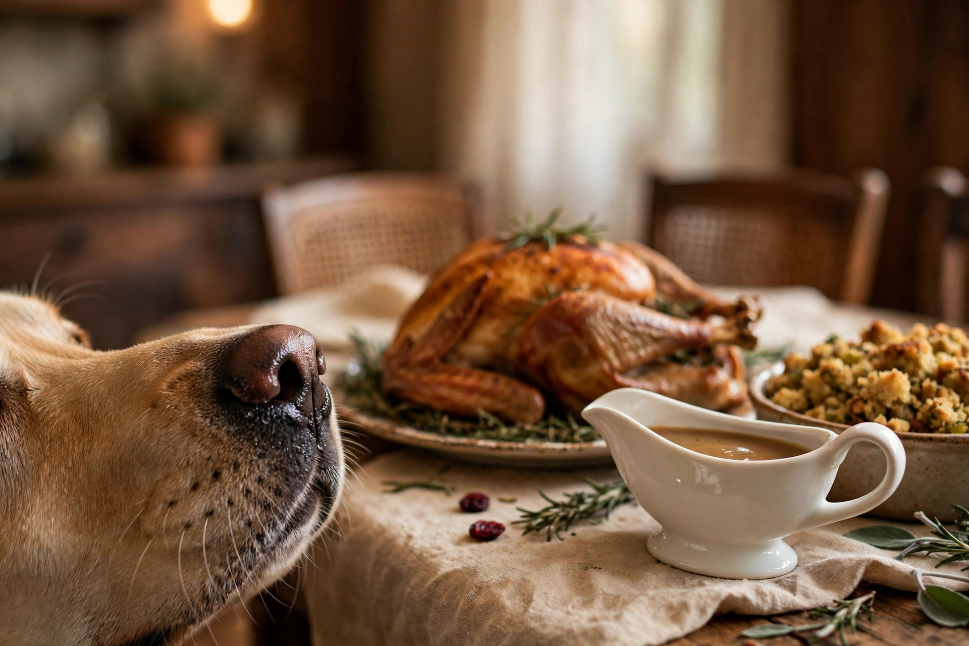 Labrador dog near a Thanksgiving dinner table with roasted turkey, gravy, and stuffing that dogs must not eat