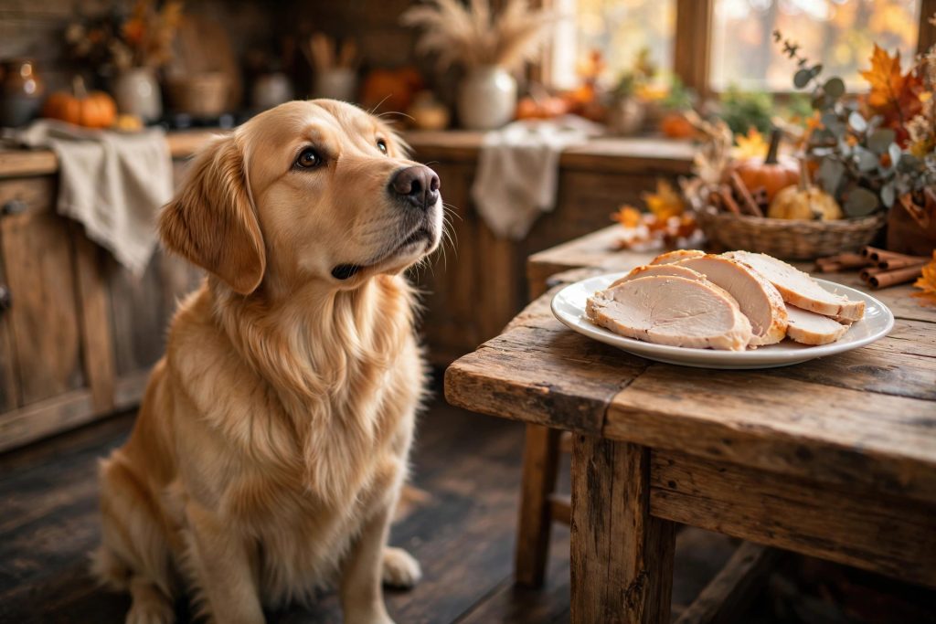Golden retriever dog looking at a plate of plain roasted turkey slices on a rustic Thanksgiving kitchen table