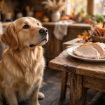 Golden retriever dog looking at a plate of plain roasted turkey slices on a rustic Thanksgiving kitchen table