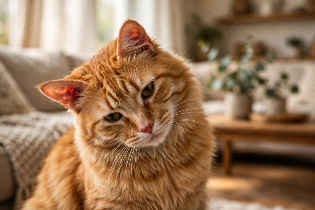 Orange tabby cat with reddened ears tilting its head, showing a sign of cat ear yeast infection