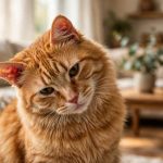 Orange tabby cat with reddened ears tilting its head, showing a sign of cat ear yeast infection