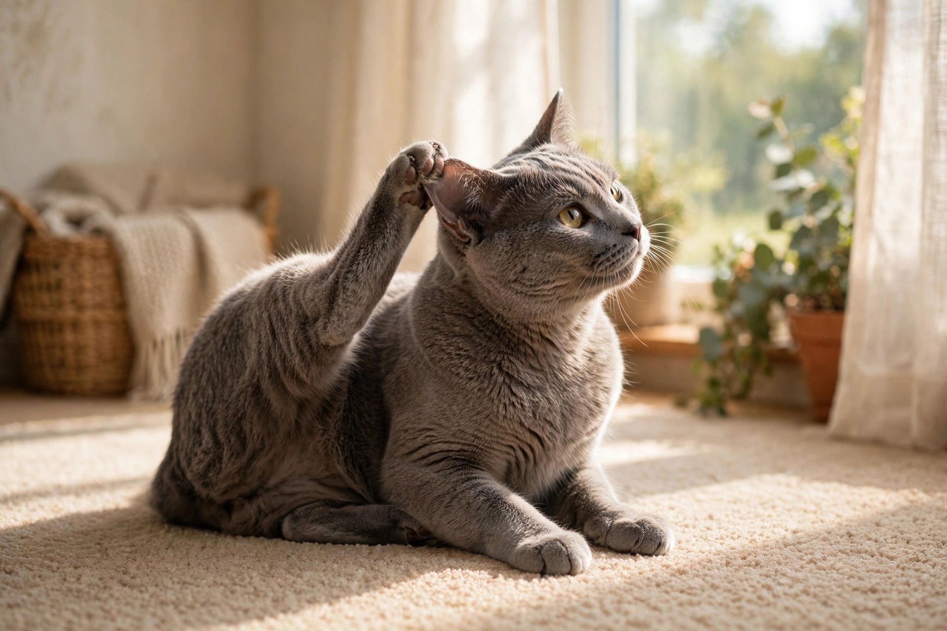 Grey cat scratching its itchy ear with a hind paw, a common sign of cat ear yeast infection