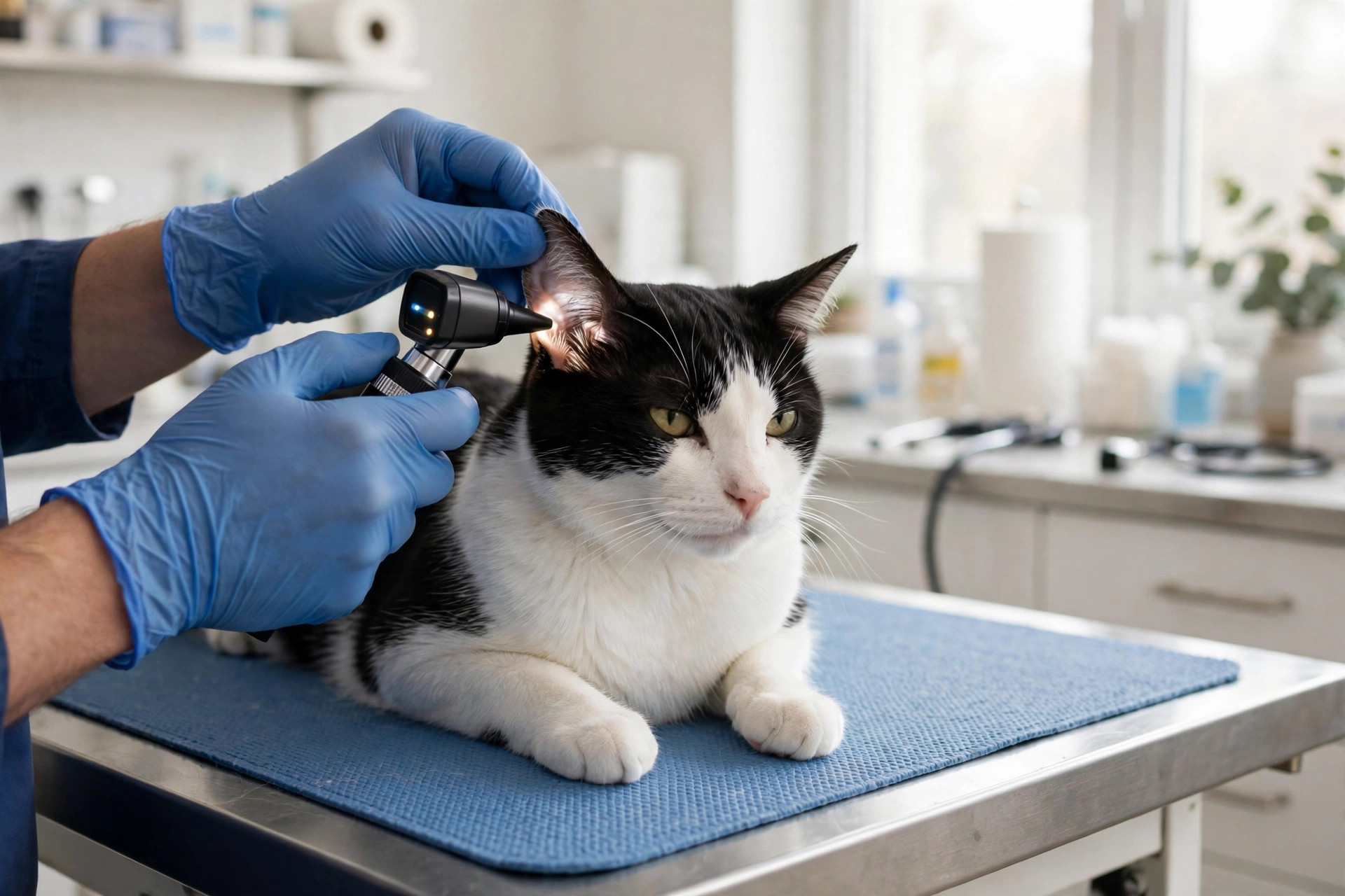 Veterinarian examining a tuxedo cat's ear with an otoscope to diagnose a cat ear yeast infection