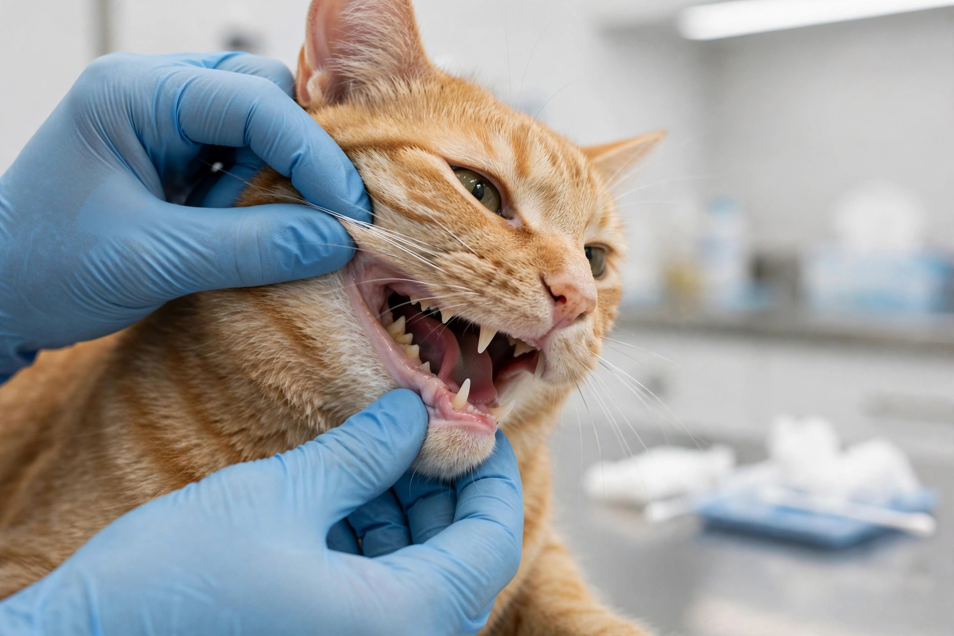 Person gently checking a ginger cat's mouth, teeth and gums for dental problems that cause appetite loss