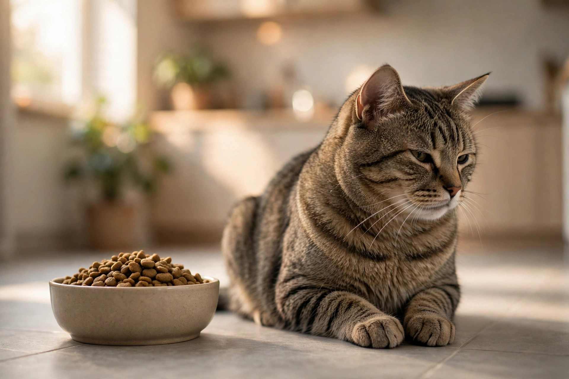 Sad tabby cat sitting beside a full bowl of untouched cat food, looking away from the bowl