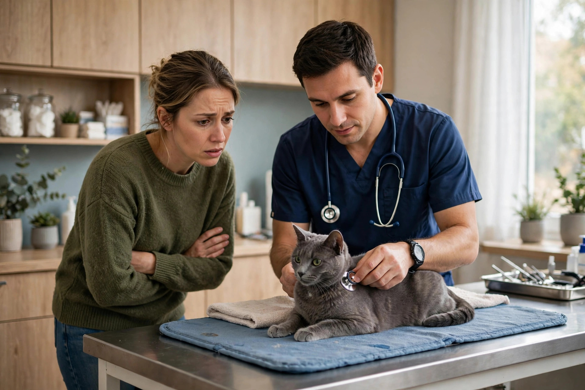 Veterinarian examining a grey cat on an examination table while the worried owner watches