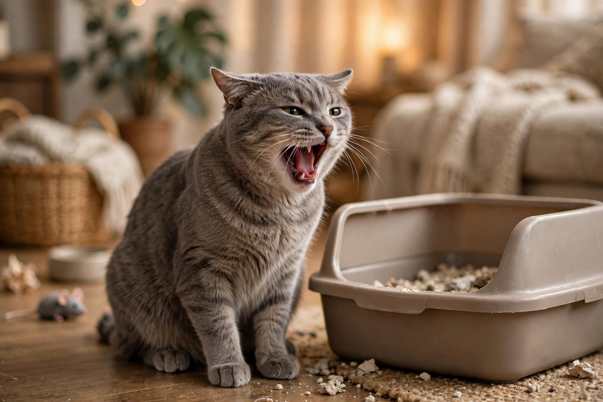 Gray male cat crying out in pain beside a litter box during a urinary blockage episode