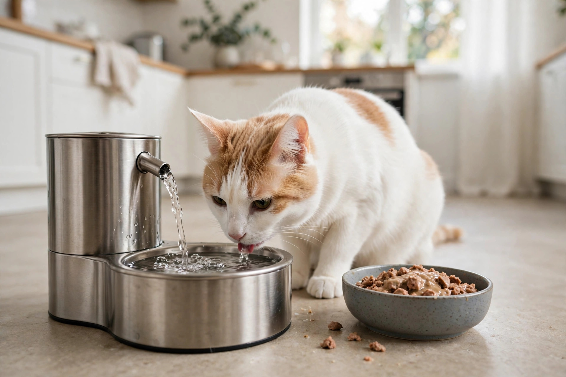 Cat drinking from a stainless steel water fountain beside a bowl of wet food, a key way to prevent cat urinary problems