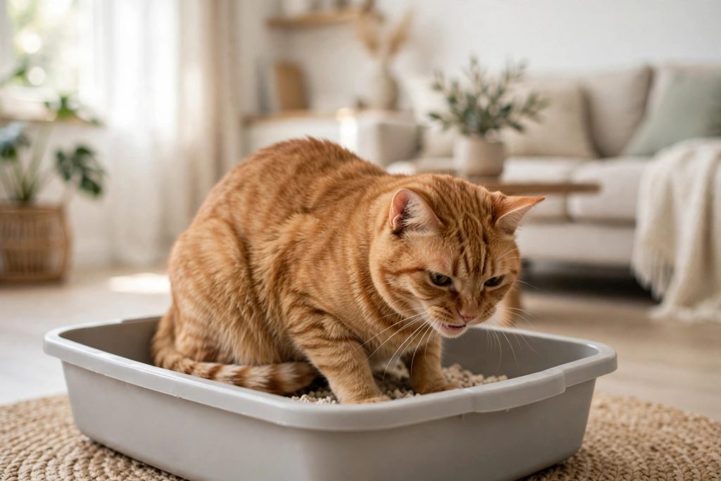 Orange tabby cat straining in a litter box, a classic early sign of a cat UTI