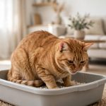 Orange tabby cat straining in a litter box, a classic early sign of a cat UTI
