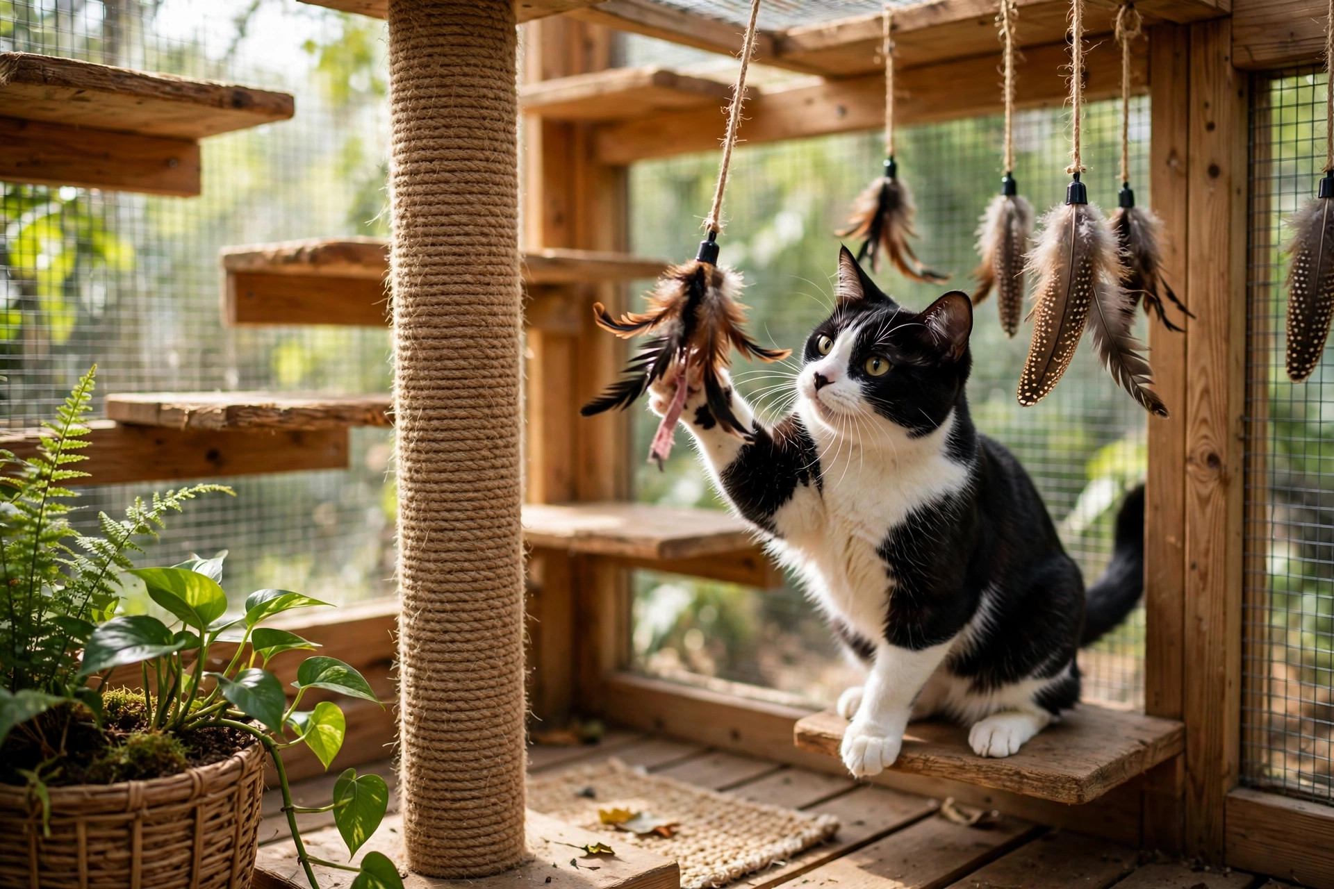 Cat enrichment inside a catio with a sisal scratching post, hanging toys, and elevated perches