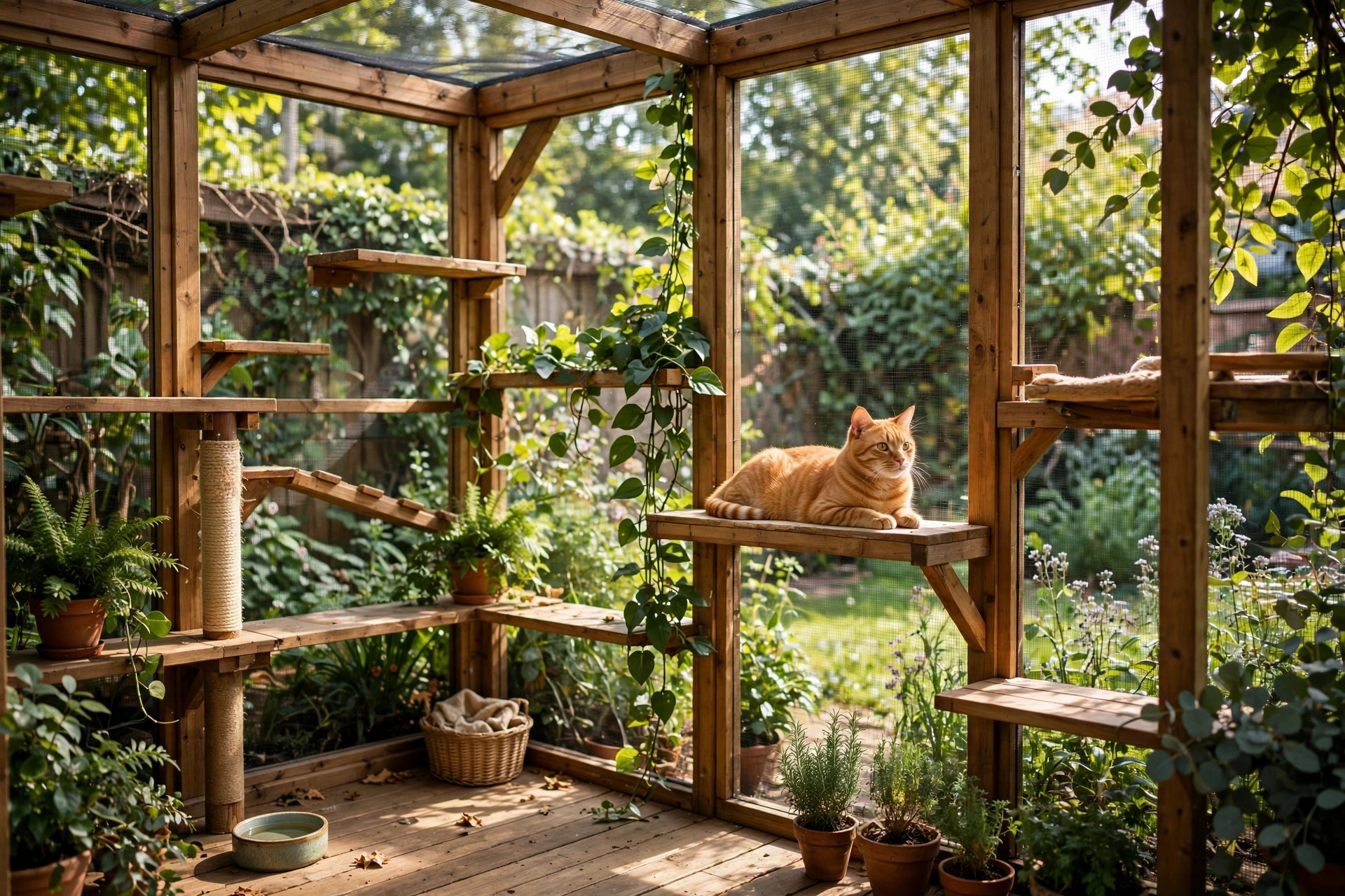 Spacious wooden catio outdoor cat enclosure with climbing shelves and an orange tabby cat lounging in the sun