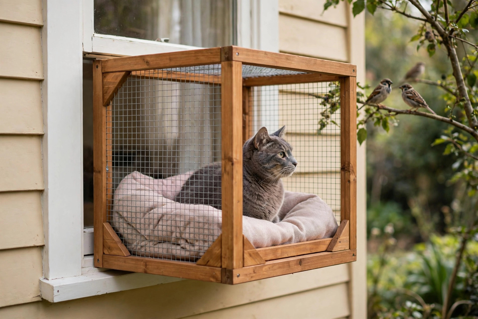 Window box catio attached to a home window with a grey cat safely enjoying the outdoor view