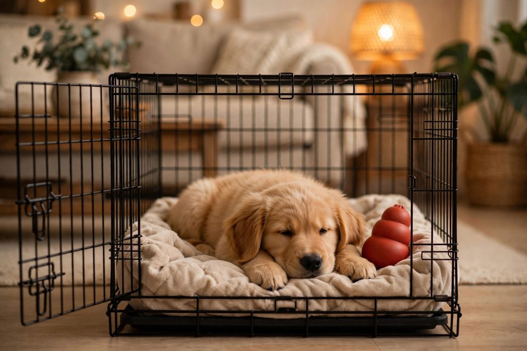 Golden retriever puppy lying calmly inside an open wire dog crate with soft bedding
