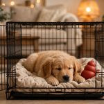 Golden retriever puppy lying calmly inside an open wire dog crate with soft bedding