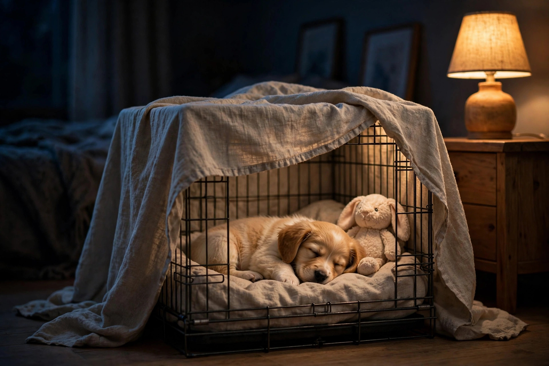 Puppy sleeping peacefully in a cozy crate with a blanket cover in a dim bedroom at night