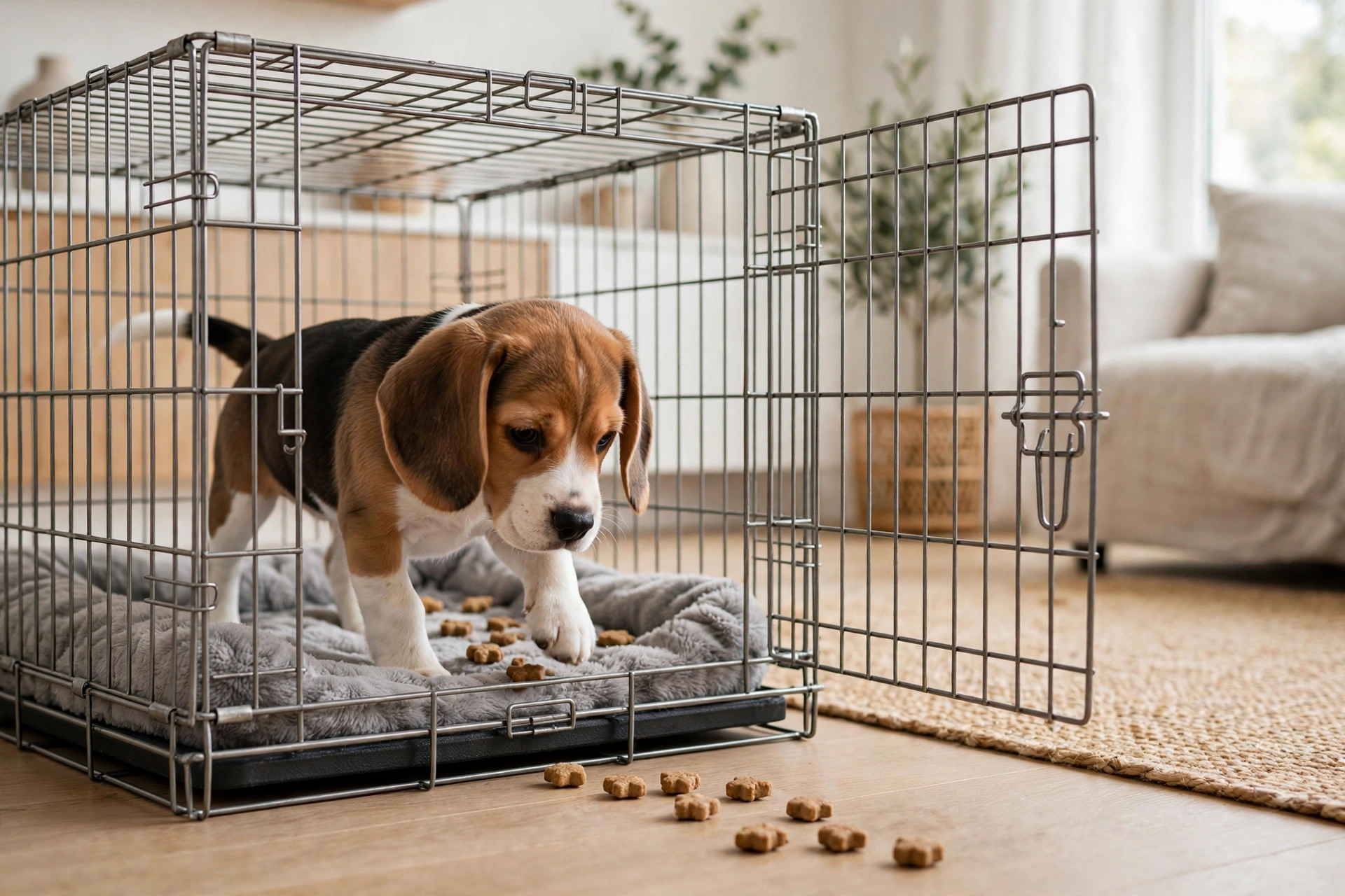 Beagle puppy following a trail of treats into an open wire dog crate during crate training