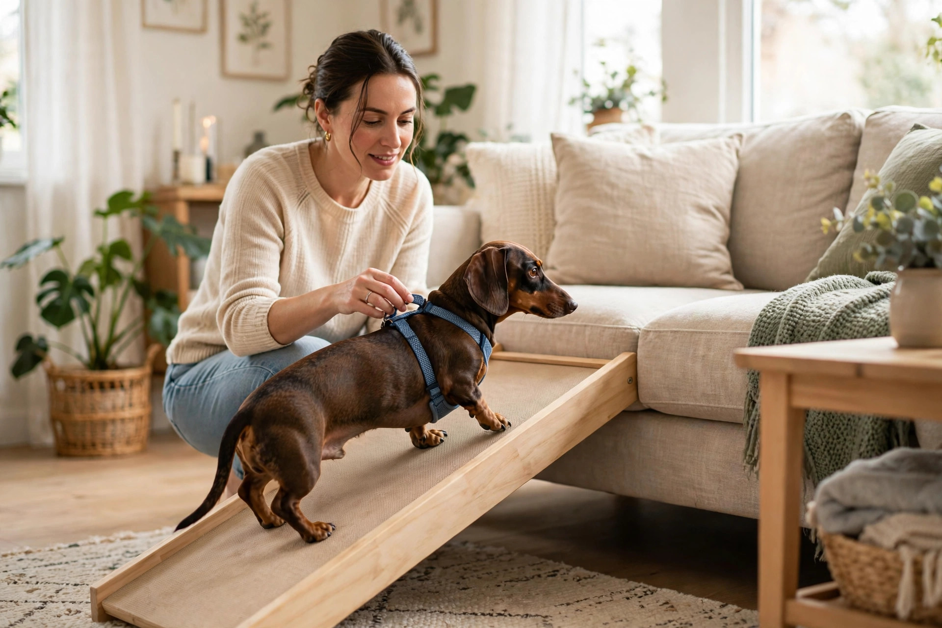 Dachshund in a harness walking up a wooden pet ramp to a sofa to protect its back