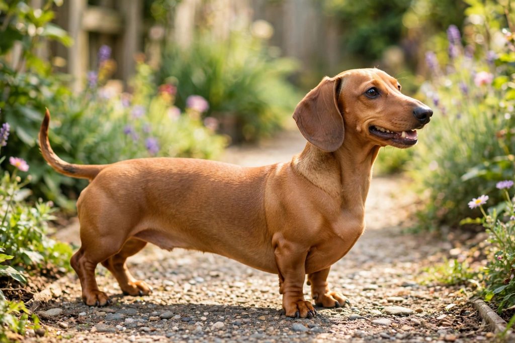 Smooth-coated tan dachshund standing in profile in a garden