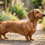 Smooth-coated tan dachshund standing in profile in a garden