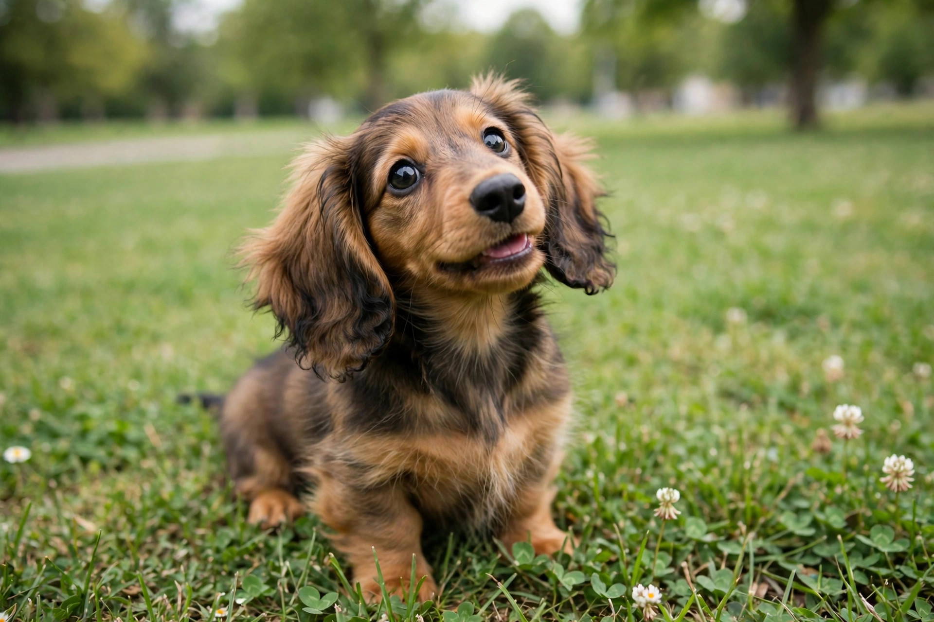 Long-haired dachshund puppy sitting on grass in a park looking up at the camera