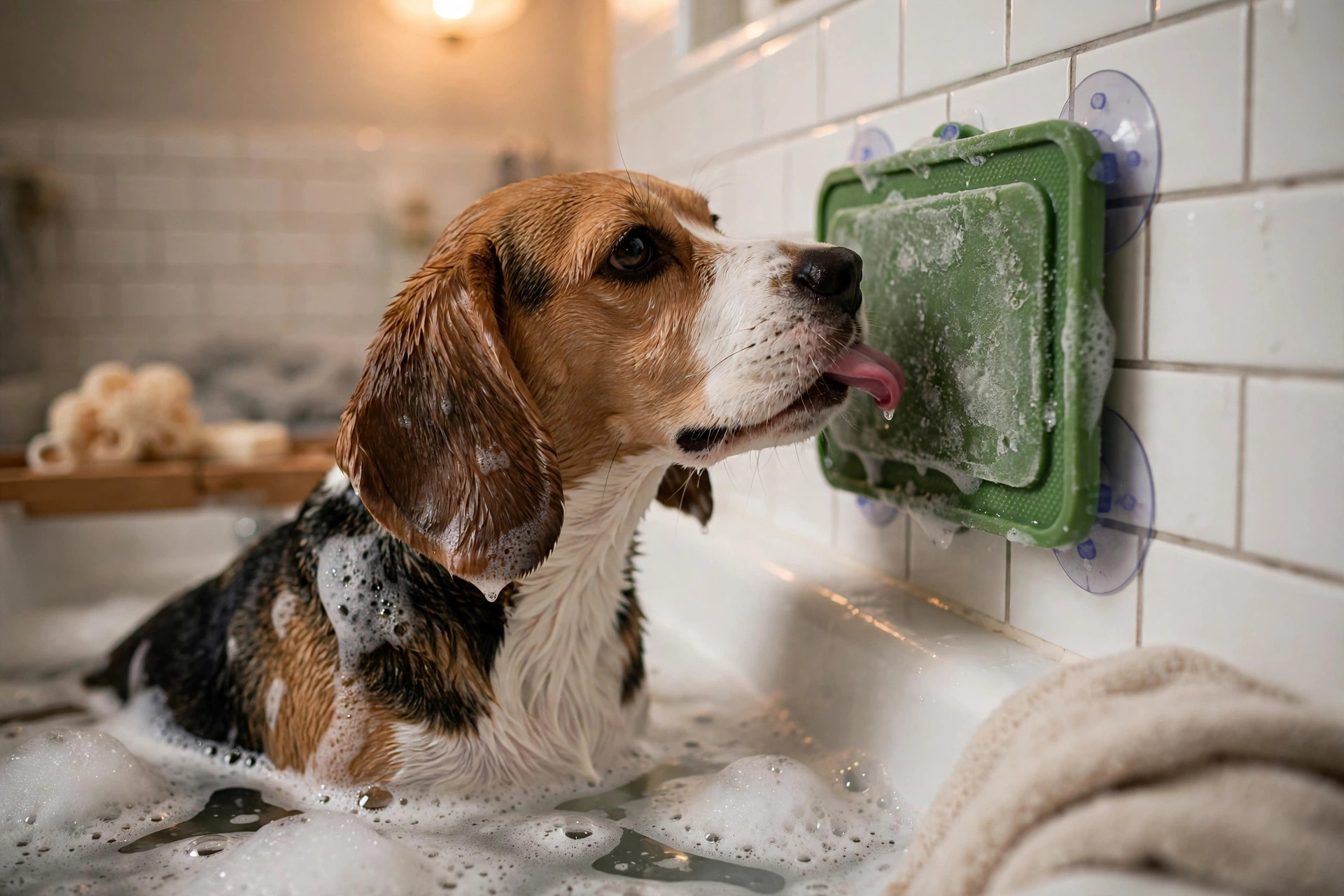 Wet beagle licking a suction-cup lick mat stuck to the bathtub wall during a bath
