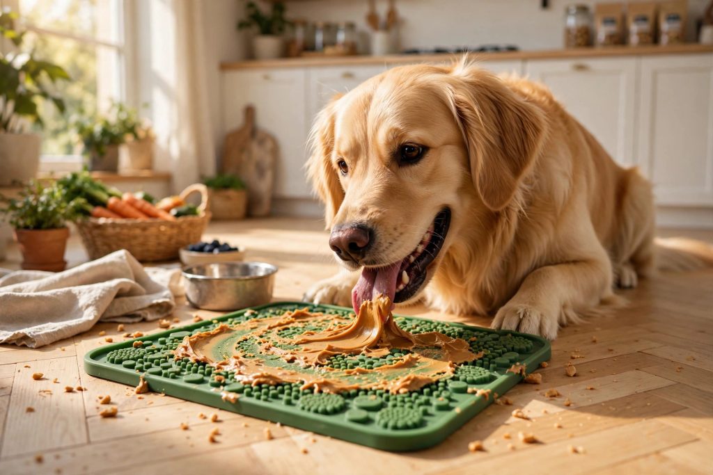 Golden retriever licking a peanut-butter lick mat in a kitchen