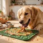 Golden retriever licking a peanut-butter lick mat in a kitchen