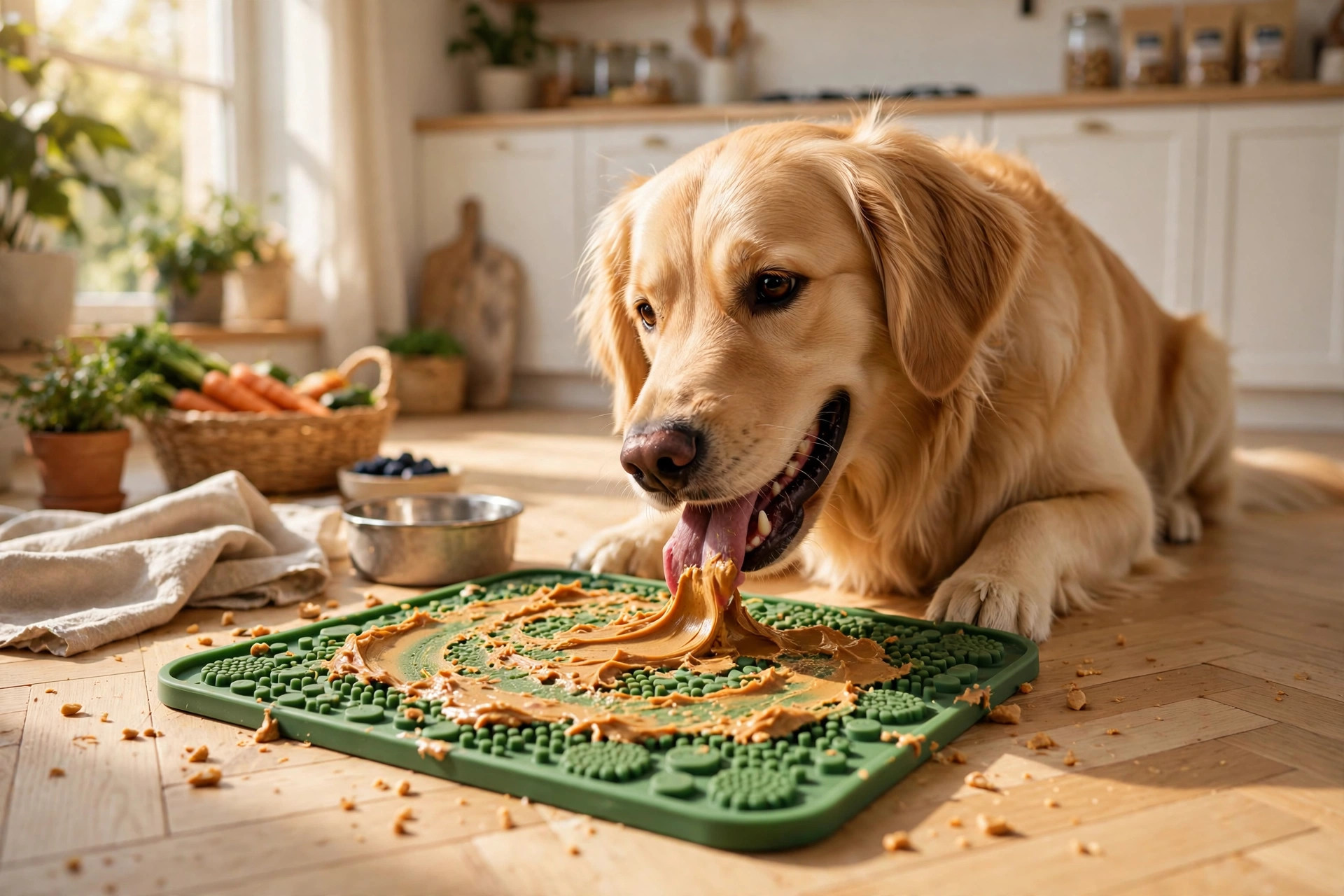 Golden retriever licking peanut butter from a textured green silicone lick mat