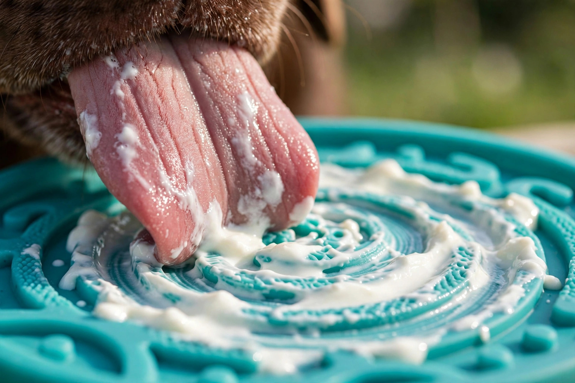 Close-up of a dog's tongue licking yogurt from the grooves of a teal silicone lick mat