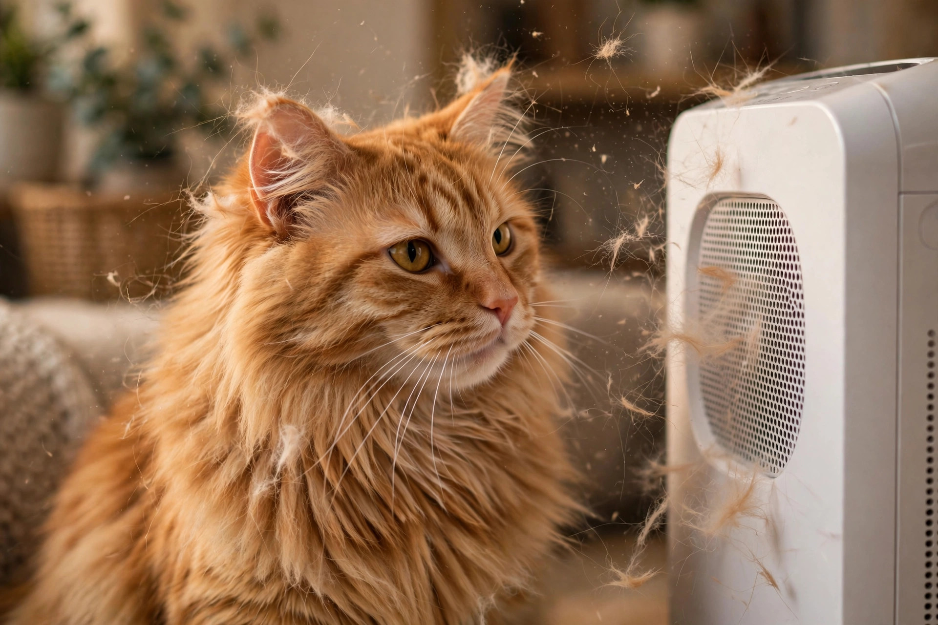 Cat shedding fur and floating dander particles near an air purifier in a living room