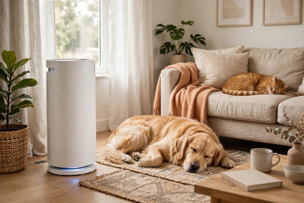 Modern air purifier running in a living room with a sleeping golden retriever and a cat resting nearby
