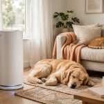 Modern air purifier running in a living room with a sleeping golden retriever and a cat resting nearby