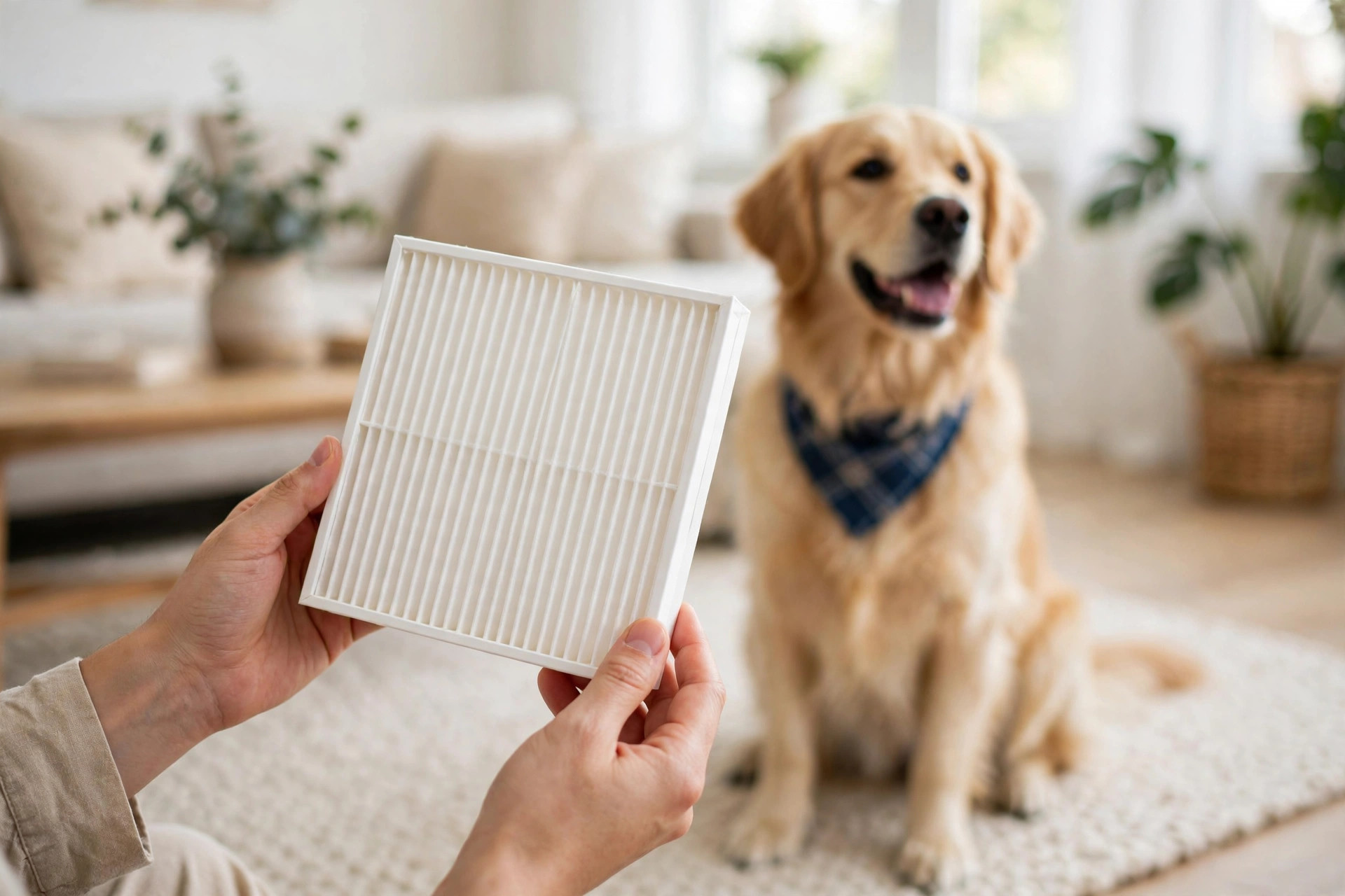 Hands holding a pleated HEPA replacement filter with a golden retriever sitting in the background