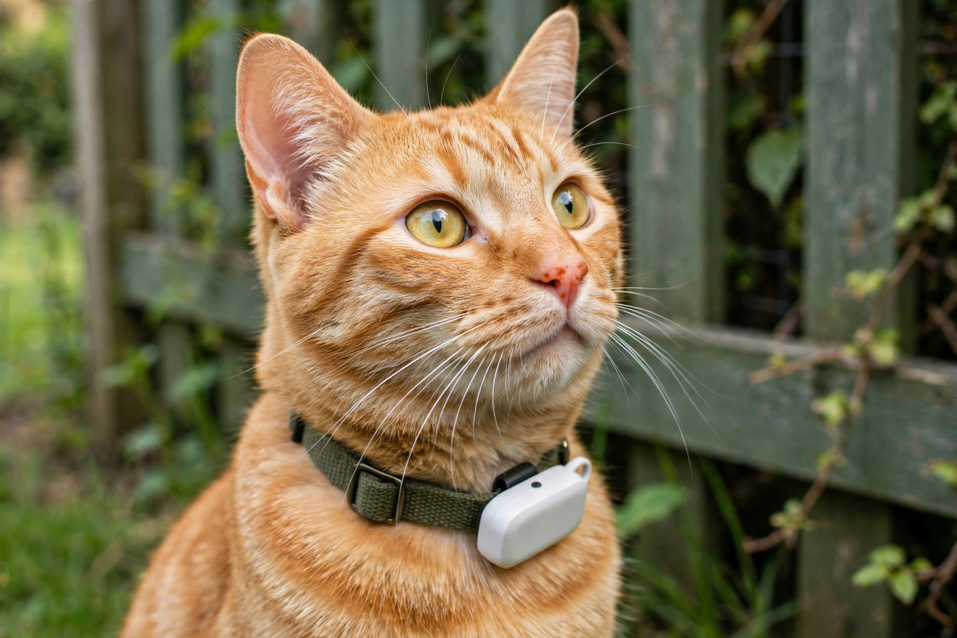 Orange tabby cat wearing a collar with a small lightweight white GPS tracker near a garden fence