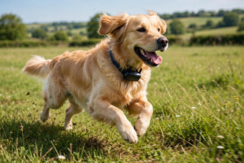 Golden retriever running in a field wearing a collar with a GPS pet tracker