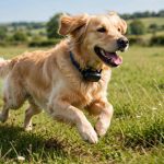 Golden retriever running in a field wearing a collar with a GPS pet tracker