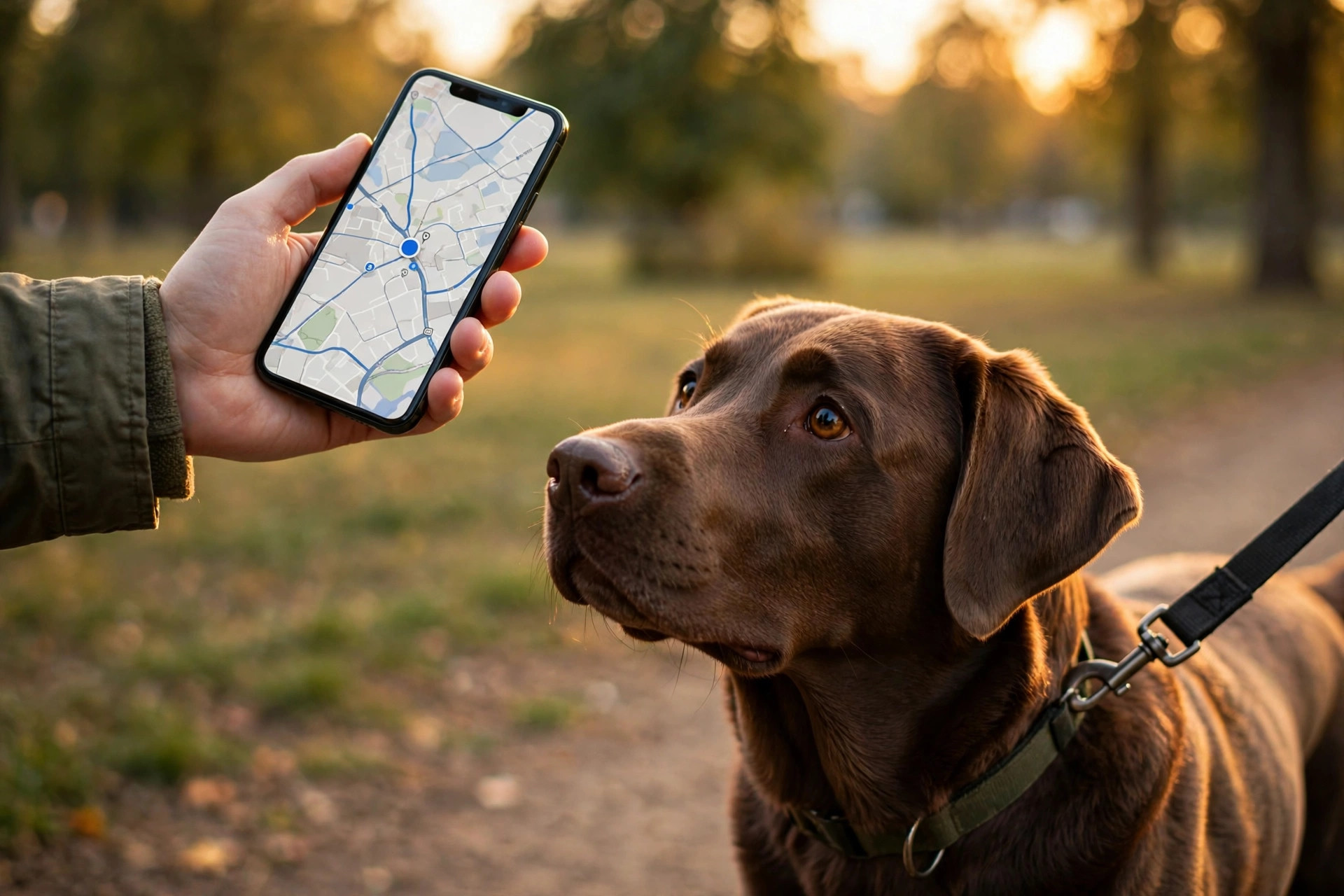 Pet owner checking a live GPS map on a smartphone while walking a labrador in the park