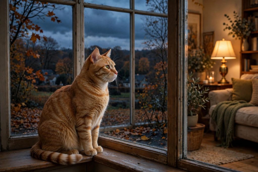 Ginger tabby cat sitting on a windowsill watching the dark early-evening autumn sky after the clocks change