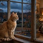 Ginger tabby cat sitting on a windowsill watching the dark early-evening autumn sky after the clocks change
