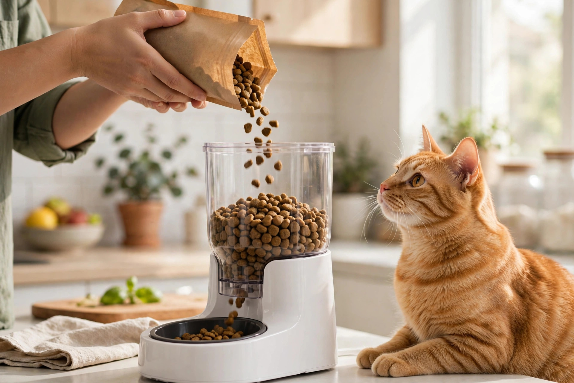 Owner filling an automatic timed cat feeder in the kitchen while an orange tabby cat watches