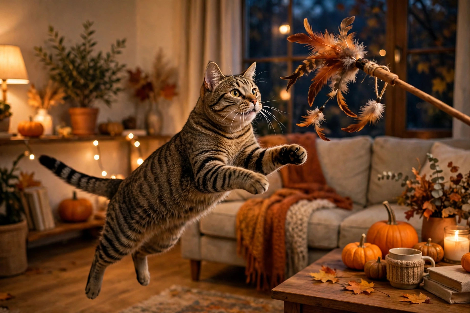 Tabby cat leaping for a feather wand toy during an evening indoor play session