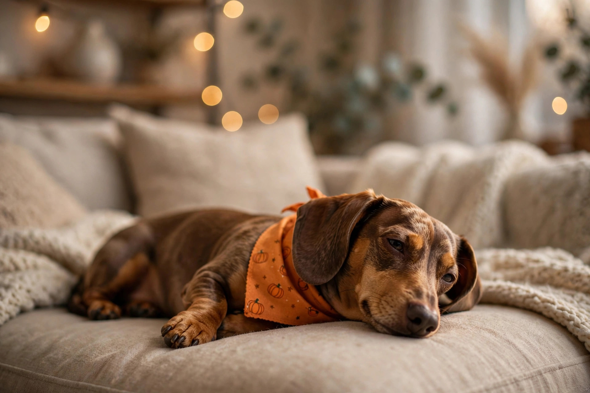 Relaxed dachshund wearing a simple festive orange Halloween bandana instead of a full costume